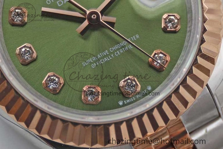 Lady DateJust 28 SS RG TWF 1:1 Best Edition Green Dial Diamonds Markers on Jubilee Bracelet NH05