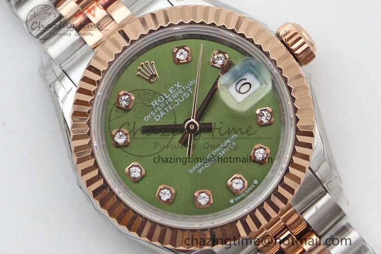 Lady DateJust 28 SS RG TWF 1:1 Best Edition Green Dial Diamonds Markers on Jubilee Bracelet NH05