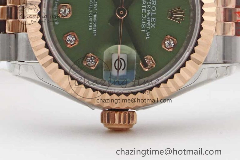 Lady DateJust 28 SS RG TWF 1:1 Best Edition Green Dial Diamonds Markers on Jubilee Bracelet NH05
