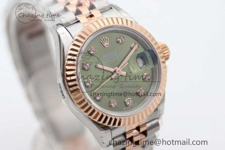Lady DateJust 28 SS RG TWF 1:1 Best Edition Green Dial Diamonds Markers on Jubilee Bracelet NH05