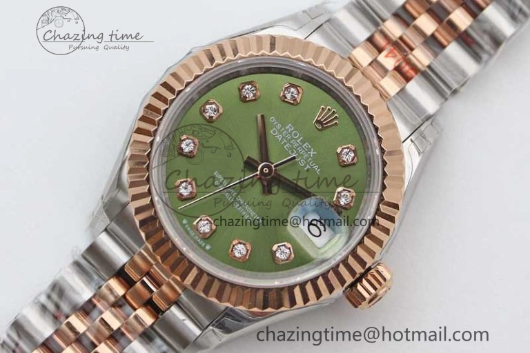 Lady DateJust 28 SS RG TWF 1:1 Best Edition Green Dial Diamonds Markers on Jubilee Bracelet NH05