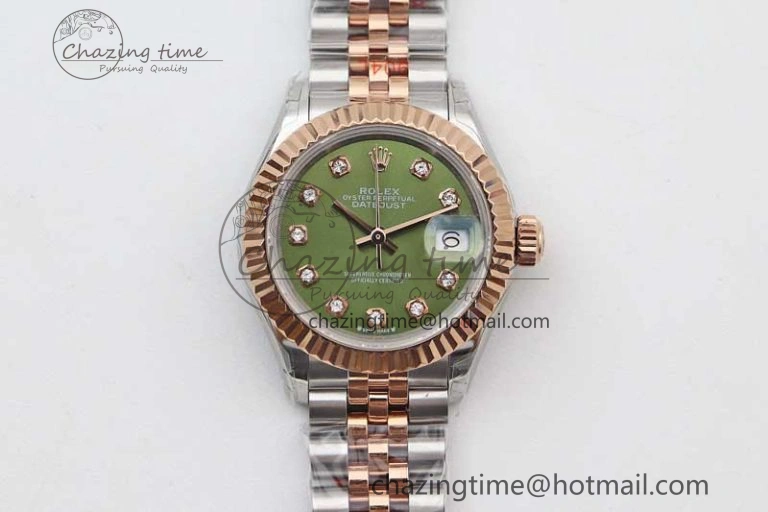 Lady DateJust 28 SS RG TWF 1:1 Best Edition Green Dial Diamonds Markers on Jubilee Bracelet NH05