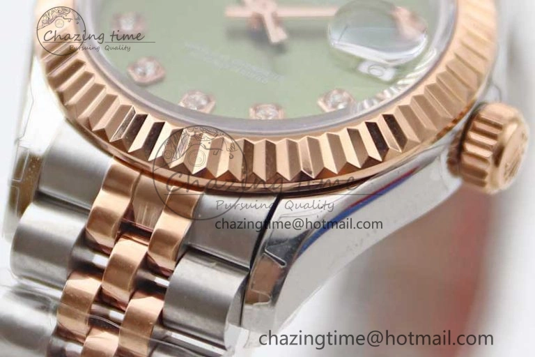 Lady DateJust 28 SS RG TWF 1:1 Best Edition Green Dial Diamonds Markers on Jubilee Bracelet NH05