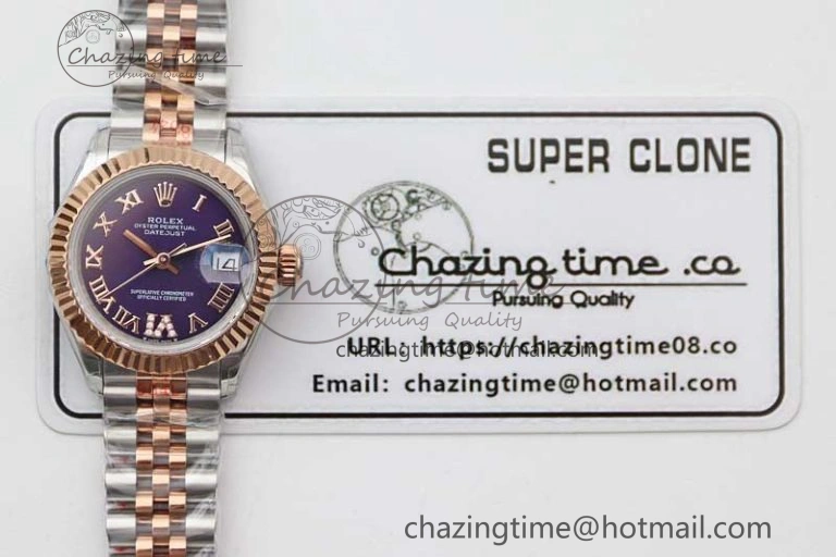 Lady DateJust 28 SS RG TWF 1:1 Best Edition Purple Dial Roman Markers on Jubilee Bracelet NH05