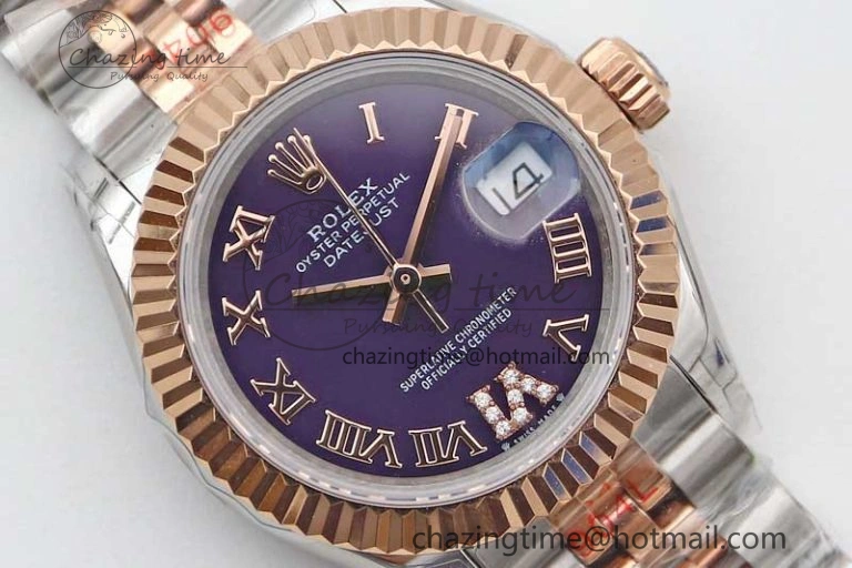 Lady DateJust 28 SS RG TWF 1:1 Best Edition Purple Dial Roman Markers on Jubilee Bracelet NH05