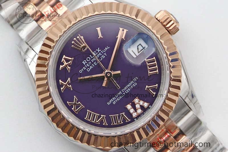 Lady DateJust 28 SS RG TWF 1:1 Best Edition Purple Dial Roman Markers on Jubilee Bracelet NH05
