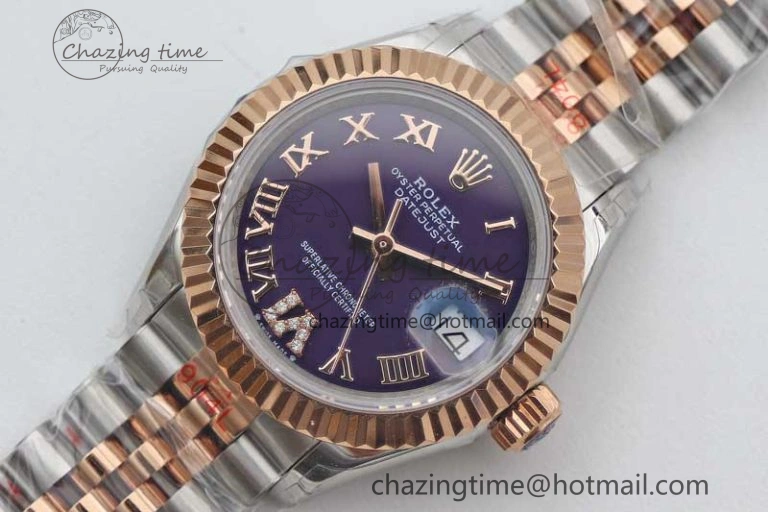 Lady DateJust 28 SS RG TWF 1:1 Best Edition Purple Dial Roman Markers on Jubilee Bracelet NH05