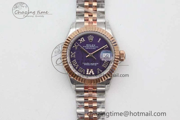 Lady DateJust 28 SS RG TWF 1:1 Best Edition Purple Dial Roman Markers on Jubilee Bracelet NH05