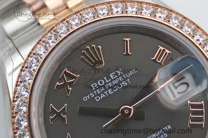 Lady DateJust 28 SS RG TWF Diamonds Bezel 1:1 Best Edition Grey Dial Roman Markers on Jubilee Bracelet NH05