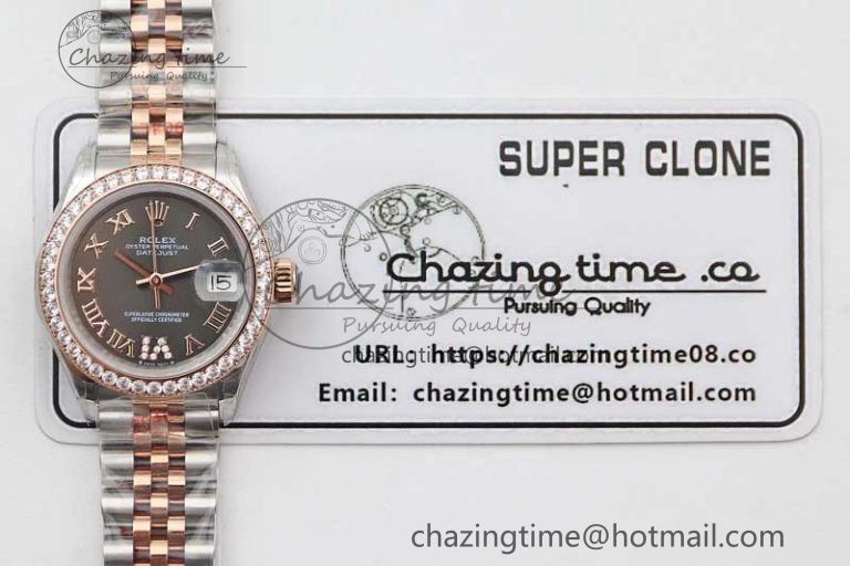 Lady DateJust 28 SS RG TWF Diamonds Bezel 1:1 Best Edition Grey Dial Roman Markers on Jubilee Bracelet NH05