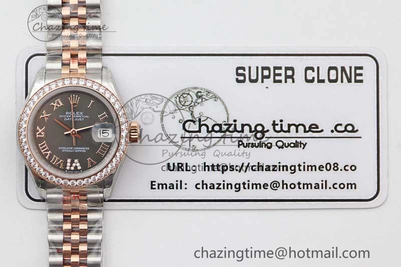 Lady DateJust 28 SS RG TWF Diamonds Bezel 1:1 Best Edition Grey Dial Roman Markers on Jubilee Bracelet NH05