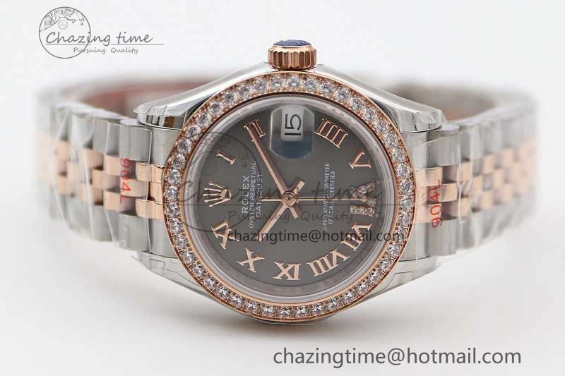 Lady DateJust 28 SS RG TWF Diamonds Bezel 1:1 Best Edition Grey Dial Roman Markers on Jubilee Bracelet NH05