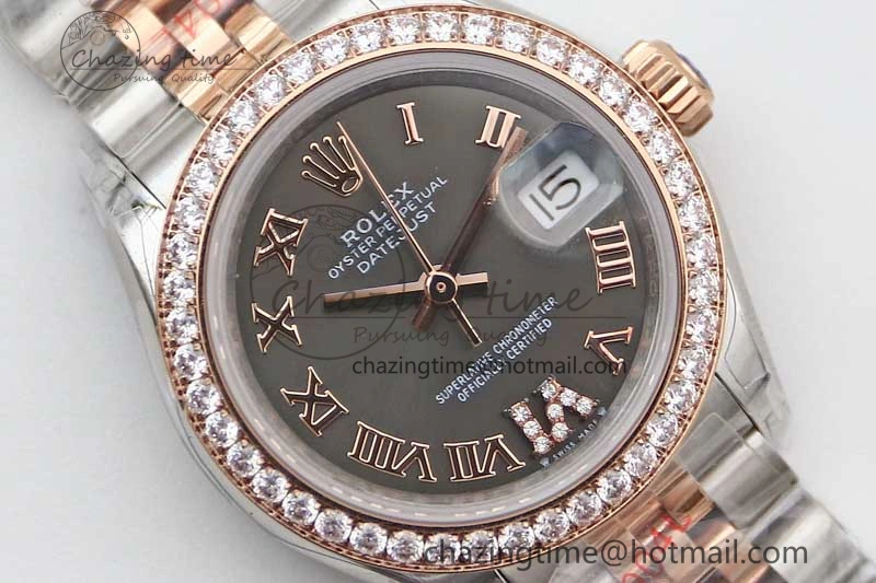 Lady DateJust 28 SS RG TWF Diamonds Bezel 1:1 Best Edition Grey Dial Roman Markers on Jubilee Bracelet NH05