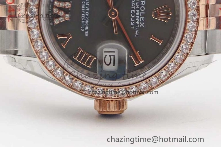 Lady DateJust 28 SS RG TWF Diamonds Bezel 1:1 Best Edition Grey Dial Roman Markers on Jubilee Bracelet NH05