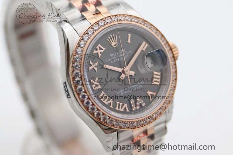 Lady DateJust 28 SS RG TWF Diamonds Bezel 1:1 Best Edition Grey Dial Roman Markers on Jubilee Bracelet NH05