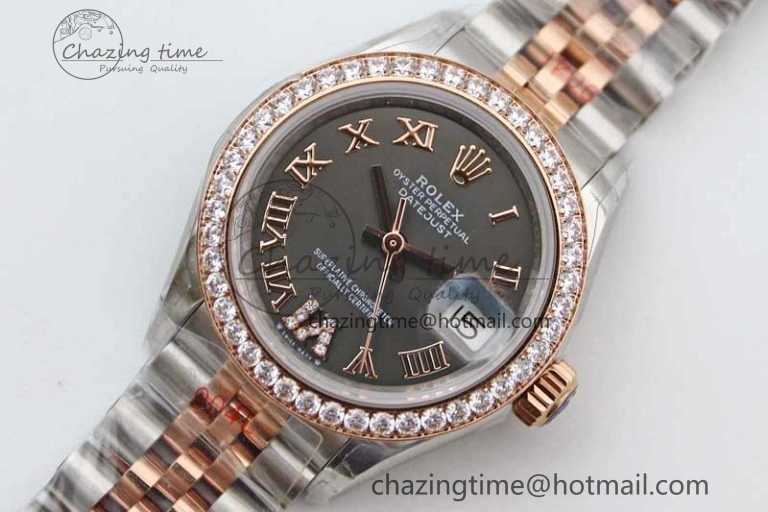 Lady DateJust 28 SS RG TWF Diamonds Bezel 1:1 Best Edition Grey Dial Roman Markers on Jubilee Bracelet NH05