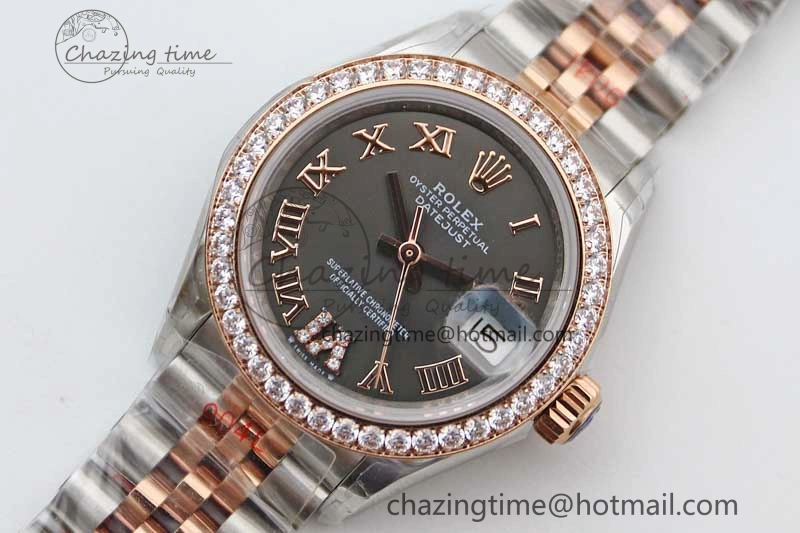Lady DateJust 28 SS RG TWF Diamonds Bezel 1:1 Best Edition Grey Dial Roman Markers on Jubilee Bracelet NH05