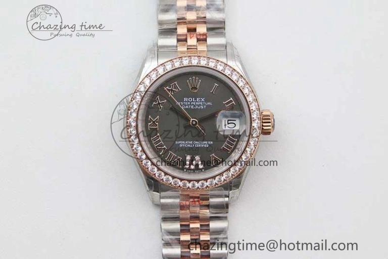 Lady DateJust 28 SS RG TWF Diamonds Bezel 1:1 Best Edition Grey Dial Roman Markers on Jubilee Bracelet NH05