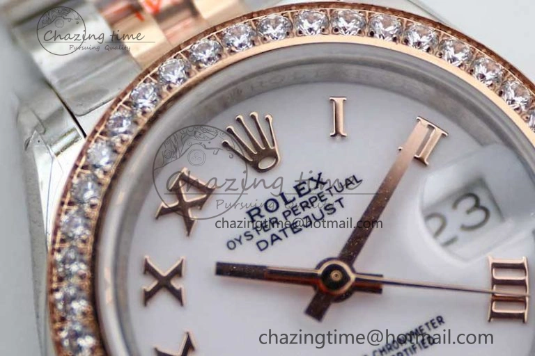 Lady DateJust 28 SS RG TWF Diamonds Bezel 1:1 Best Edition White Dial Roman Markers on Jubilee Bracelet NH05