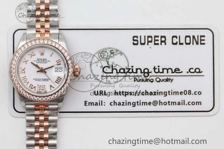 Lady DateJust 28 SS RG TWF Diamonds Bezel 1:1 Best Edition White Dial Roman Markers on Jubilee Bracelet NH05