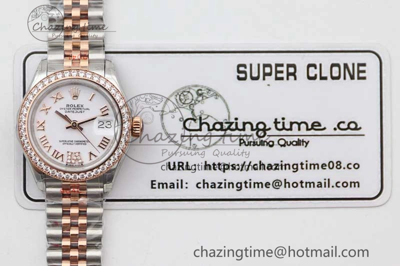 Lady DateJust 28 SS RG TWF Diamonds Bezel 1:1 Best Edition White Dial Roman Markers on Jubilee Bracelet NH05