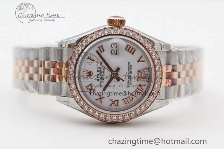 Lady DateJust 28 SS RG TWF Diamonds Bezel 1:1 Best Edition White Dial Roman Markers on Jubilee Bracelet NH05