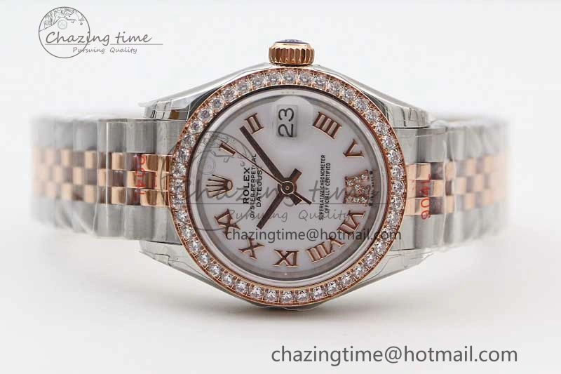 Lady DateJust 28 SS RG TWF Diamonds Bezel 1:1 Best Edition White Dial Roman Markers on Jubilee Bracelet NH05