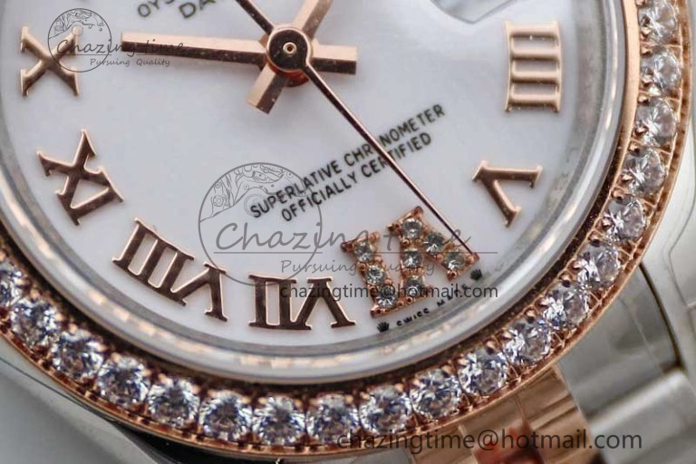 Lady DateJust 28 SS RG TWF Diamonds Bezel 1:1 Best Edition White Dial Roman Markers on Jubilee Bracelet NH05