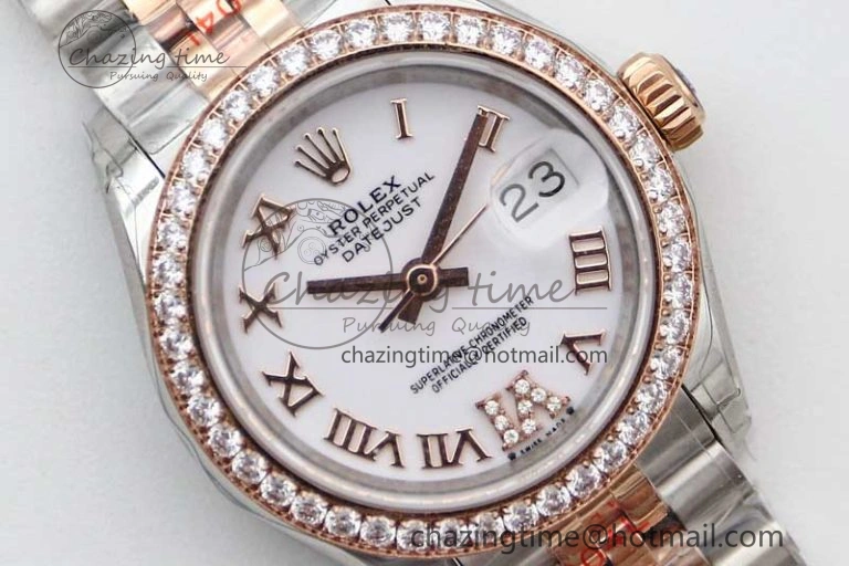 Lady DateJust 28 SS RG TWF Diamonds Bezel 1:1 Best Edition White Dial Roman Markers on Jubilee Bracelet NH05
