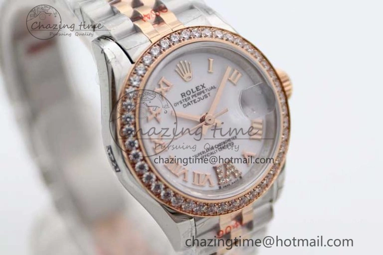 Lady DateJust 28 SS RG TWF Diamonds Bezel 1:1 Best Edition White Dial Roman Markers on Jubilee Bracelet NH05
