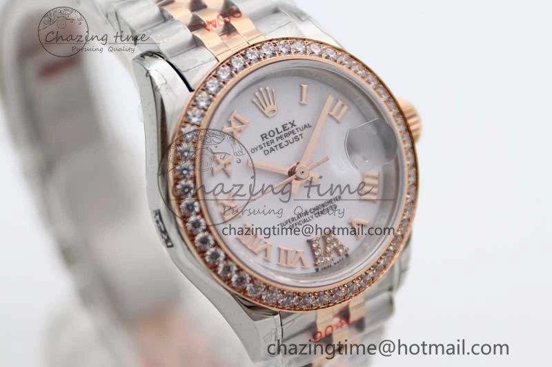 Lady DateJust 28 SS RG TWF Diamonds Bezel 1:1 Best Edition White Dial Roman Markers on Jubilee Bracelet NH05