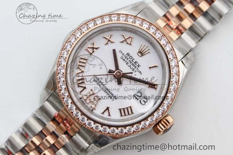Lady DateJust 28 SS RG TWF Diamonds Bezel 1:1 Best Edition White Dial Roman Markers on Jubilee Bracelet NH05