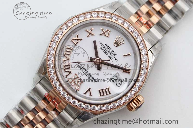Lady DateJust 28 SS RG TWF Diamonds Bezel 1:1 Best Edition White Dial Roman Markers on Jubilee Bracelet NH05