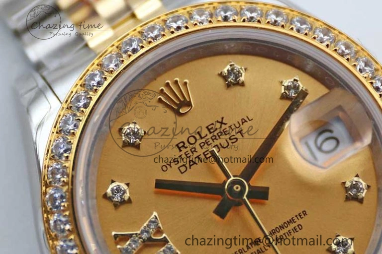 Lady DateJust 28 SS YG TWF Diamonds Bezel 1:1 Best Edition Gold Dial Diam Roman Markers on Jubilee Bracelet NH05
