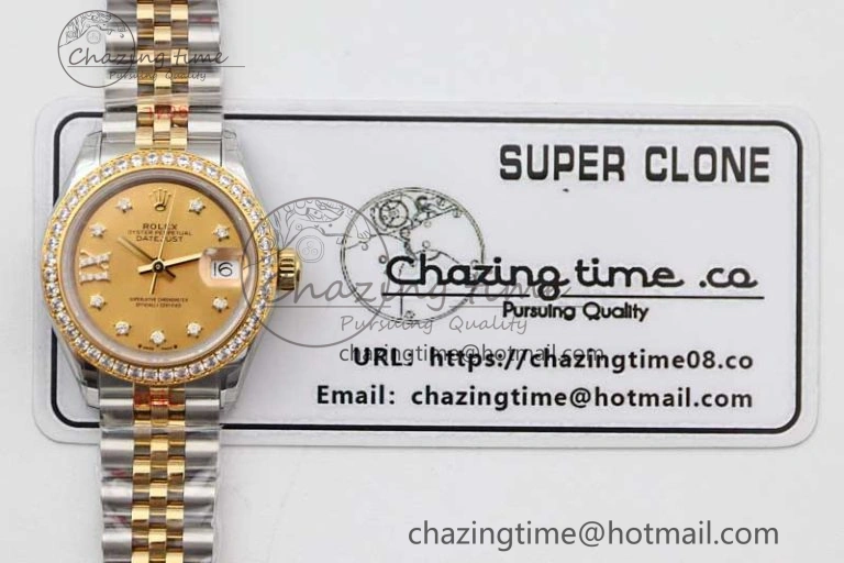 Lady DateJust 28 SS YG TWF Diamonds Bezel 1:1 Best Edition Gold Dial Diam Roman Markers on Jubilee Bracelet NH05