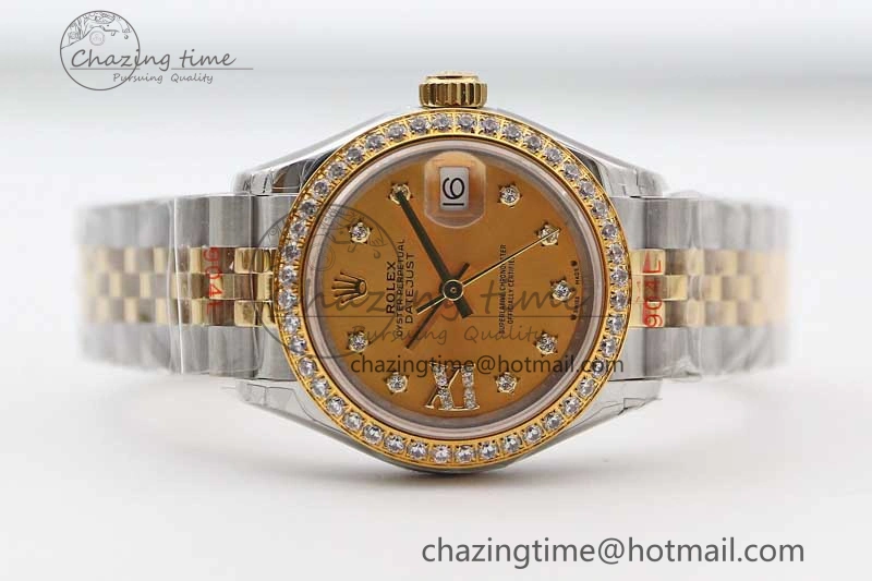 Lady DateJust 28 SS YG TWF Diamonds Bezel 1:1 Best Edition Gold Dial Diam Roman Markers on Jubilee Bracelet NH05