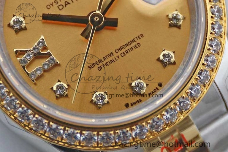 Lady DateJust 28 SS YG TWF Diamonds Bezel 1:1 Best Edition Gold Dial Diam Roman Markers on Jubilee Bracelet NH05