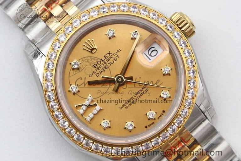 Lady DateJust 28 SS YG TWF Diamonds Bezel 1:1 Best Edition Gold Dial Diam Roman Markers on Jubilee Bracelet NH05