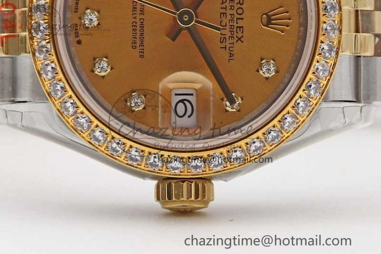 Lady DateJust 28 SS YG TWF Diamonds Bezel 1:1 Best Edition Gold Dial Diam Roman Markers on Jubilee Bracelet NH05