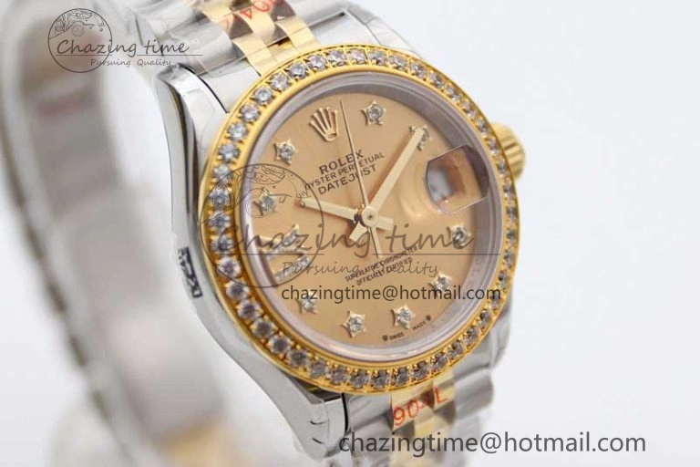 Lady DateJust 28 SS YG TWF Diamonds Bezel 1:1 Best Edition Gold Dial Diam Roman Markers on Jubilee Bracelet NH05