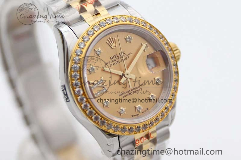 Lady DateJust 28 SS YG TWF Diamonds Bezel 1:1 Best Edition Gold Dial Diam Roman Markers on Jubilee Bracelet NH05