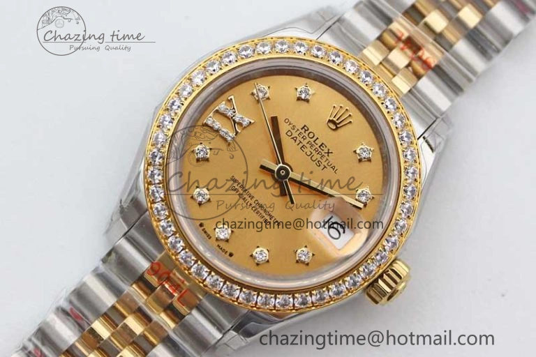 Lady DateJust 28 SS YG TWF Diamonds Bezel 1:1 Best Edition Gold Dial Diam Roman Markers on Jubilee Bracelet NH05