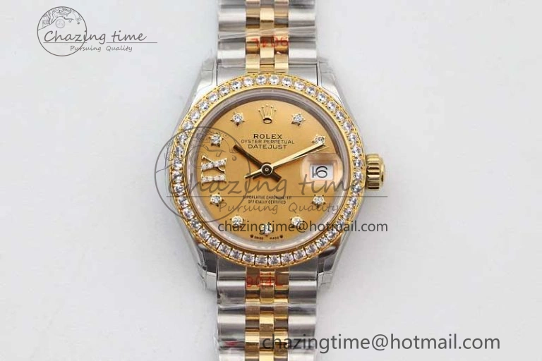 Lady DateJust 28 SS YG TWF Diamonds Bezel 1:1 Best Edition Gold Dial Diam Roman Markers on Jubilee Bracelet NH05