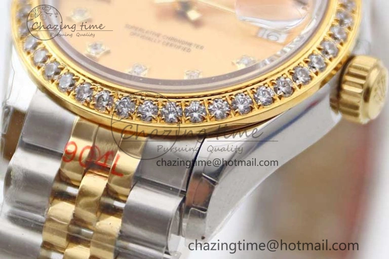 Lady DateJust 28 SS YG TWF Diamonds Bezel 1:1 Best Edition Gold Dial Diam Roman Markers on Jubilee Bracelet NH05
