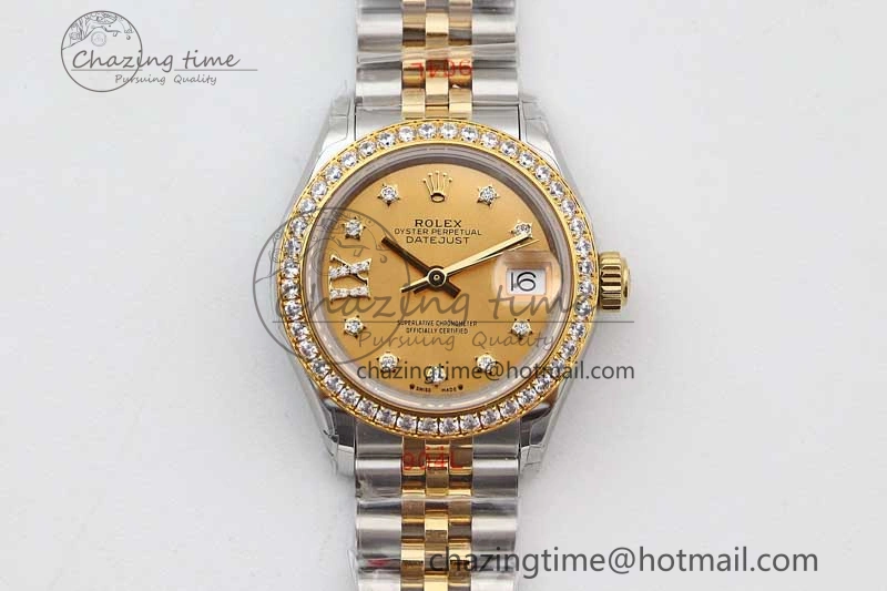 Lady DateJust 28 SS YG TWF Diamonds Bezel 1:1 Best Edition Gold Dial Diam Roman Markers on Jubilee Bracelet NH05