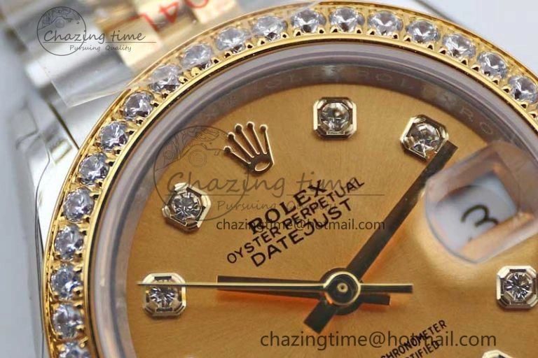 Lady DateJust 28 SS YG TWF Diamonds Bezel 1:1 Best Edition Gold Dial Diamond Markers on Jubilee Bracelet NH05