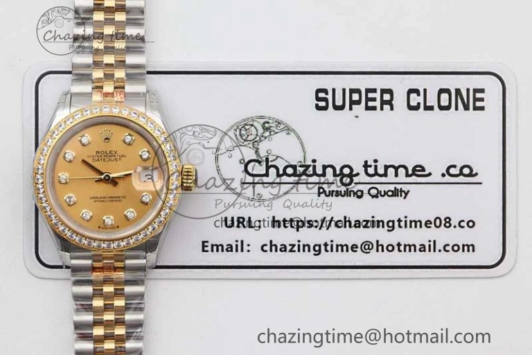 Lady DateJust 28 SS YG TWF Diamonds Bezel 1:1 Best Edition Gold Dial Diamond Markers on Jubilee Bracelet NH05