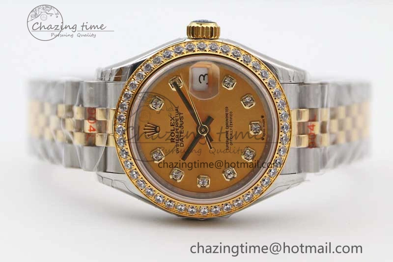 Lady DateJust 28 SS YG TWF Diamonds Bezel 1:1 Best Edition Gold Dial Diamond Markers on Jubilee Bracelet NH05