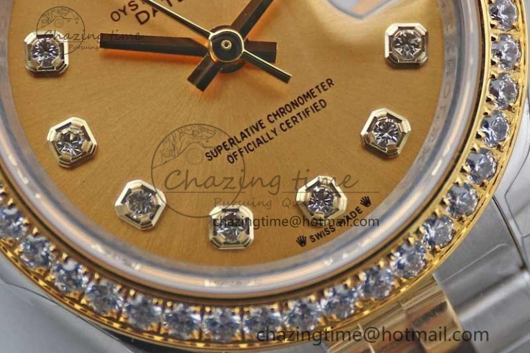 Lady DateJust 28 SS YG TWF Diamonds Bezel 1:1 Best Edition Gold Dial Diamond Markers on Jubilee Bracelet NH05