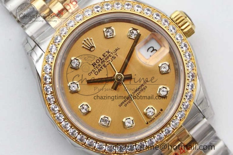 Lady DateJust 28 SS YG TWF Diamonds Bezel 1:1 Best Edition Gold Dial Diamond Markers on Jubilee Bracelet NH05